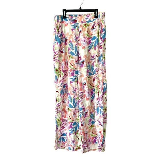 Roxy Midnight Avenue High Floral Print Wide Leg Pants Size large Blue Cream Pink - Picture 2 of 10
